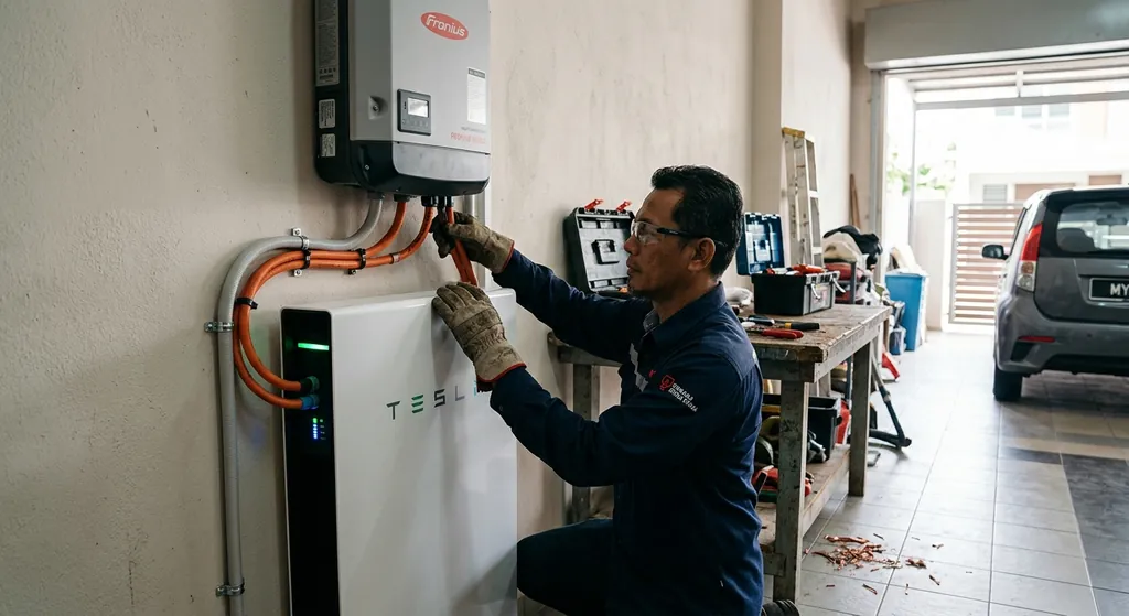 Technician wiring a solar battery and inverter