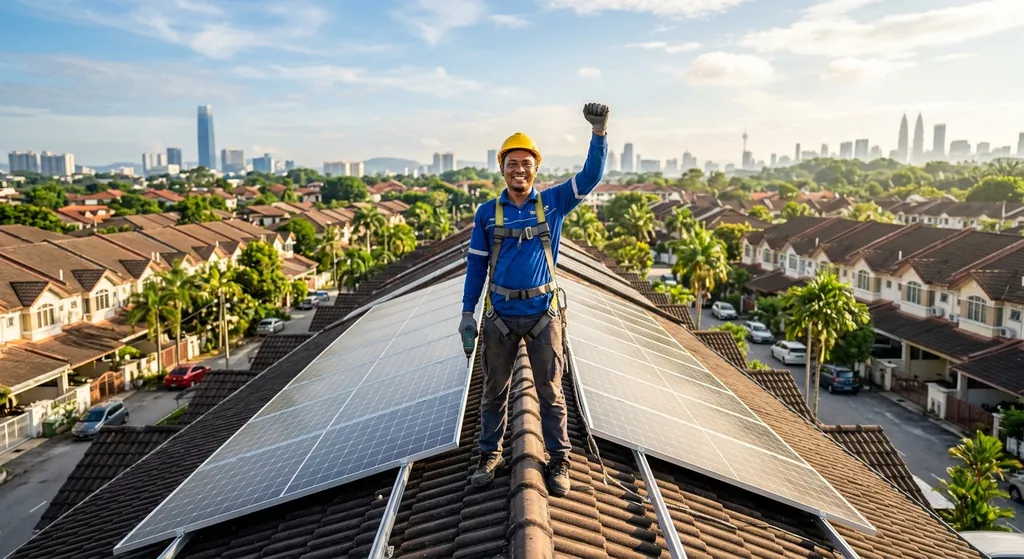 Solar panel installer standing on a terrace house roof in Malaysia
